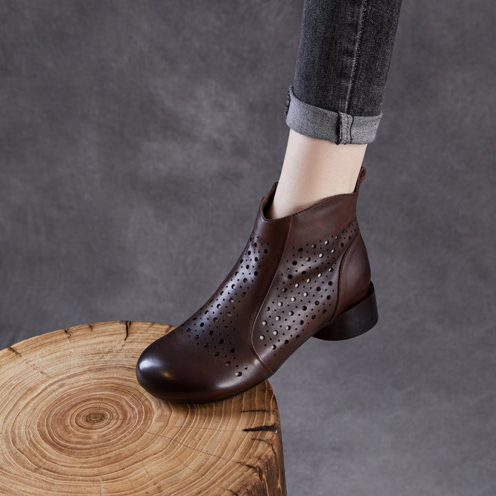 Women’s Summer Breathable Cut-Out Leather Boots – Retro Mid Heel Sandals