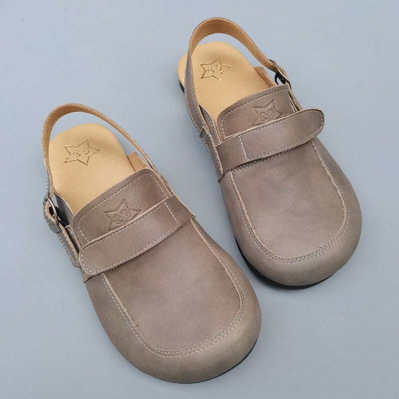 Women's Leather Sandals - Vintage Contrast Stitching Flexible Slip-On Mule Slides with Slingback Strap