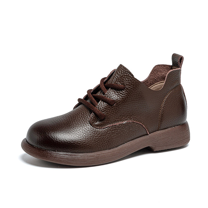 Women's Leather Oxfords - Pebble Grain Textured Round Toe Lace-Up Casual Shoes Comfort Walking Flats