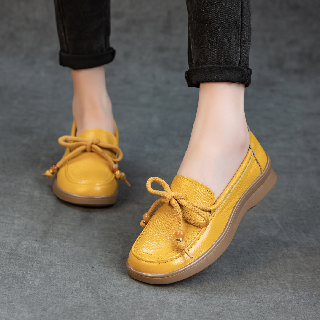 Women's Genuine Leather Loafers Beaded Knot Round Toe Slip On Platform Shoes