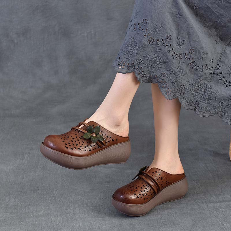 Women's Cowhide Platform Mules - Summer Shoes Breathable Floral Cut-out Sandals
