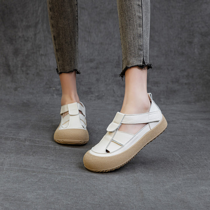 Womens Retro Woven Leather Fisherman Sandals Velcro Closed Toe Platform Walking Shoes