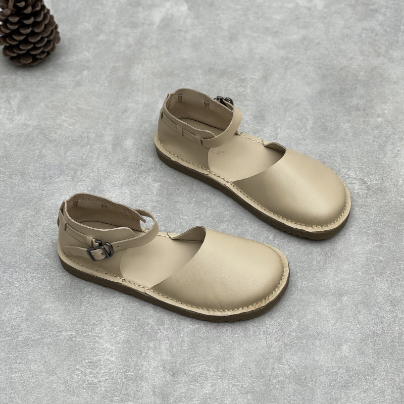 Women's Soft Leather Mary Janes - Round Toe Adjustable Ankle Buckle Strap Flat Sandals Casual Walking Shoes