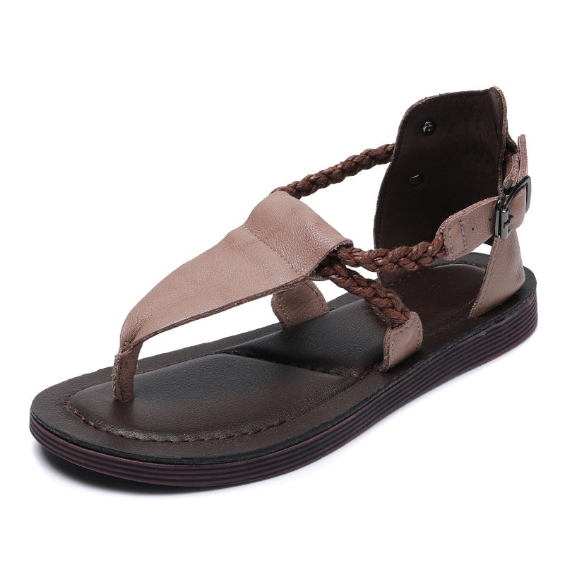 Women's Leather T-Strap Sandals - Vintage Braided Strappy Thong Flat Sandals Summer Buckle Slingback Shoes