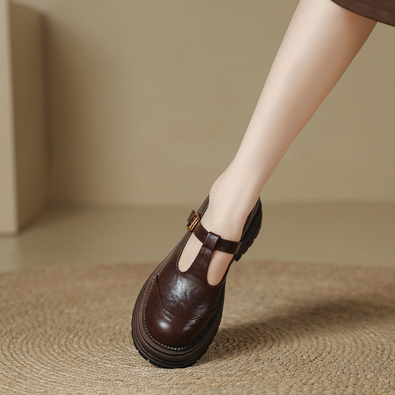 T-Buckle Platform Leather Comfortable Low Heel Women's Shoes