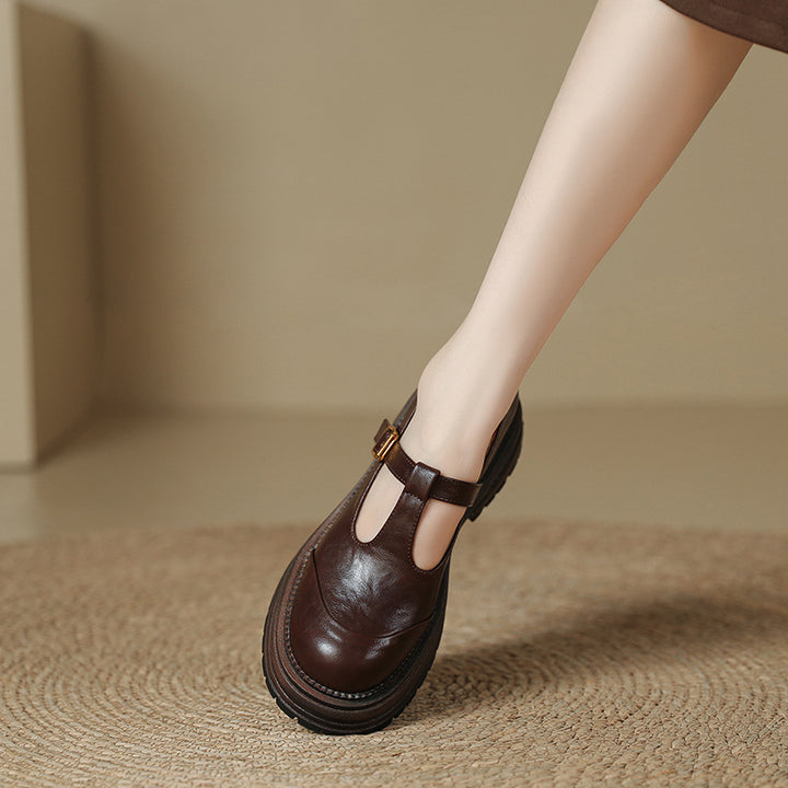 T-Buckle Platform Leather Comfortable Low Heel Women's Shoes