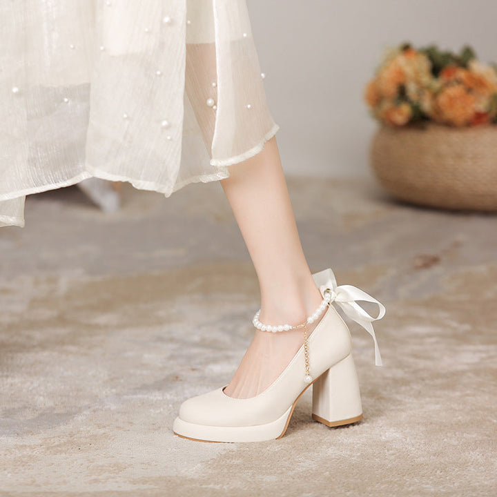 Women's Platform Pump - Block High Heel with Bow & Pearl Details