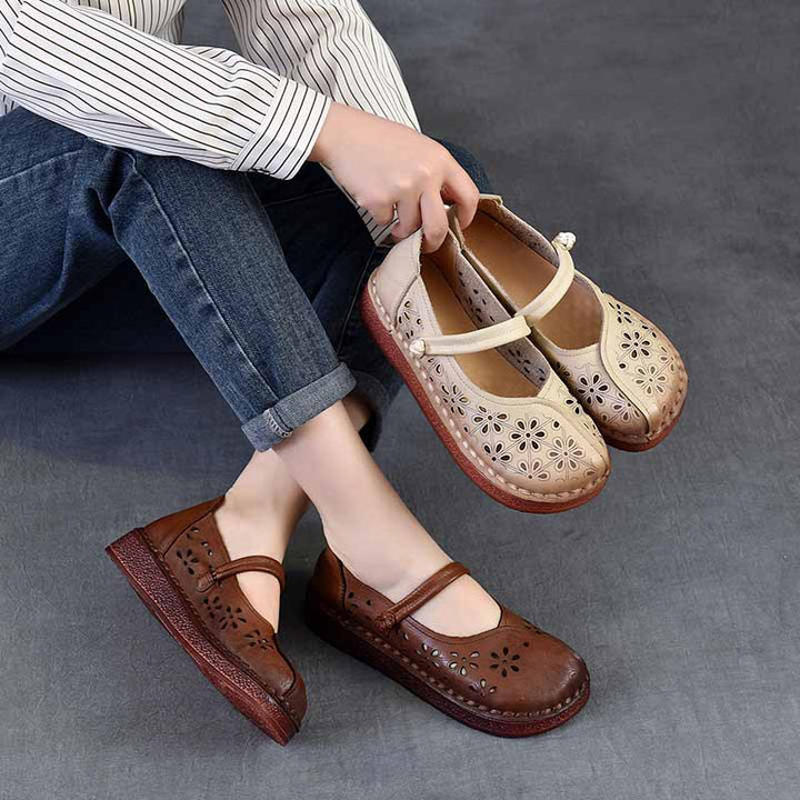 Women's Leather Floral Cutout Sandals – Breathable Summer Style