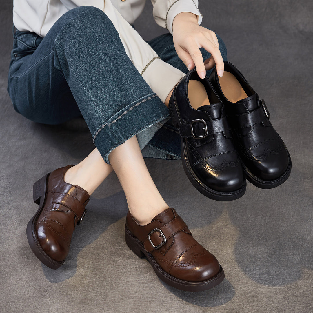 Women's Genuine Leather Chunky Platform Monk Strap Loafers Vintage Brogue Slip-on Shoes