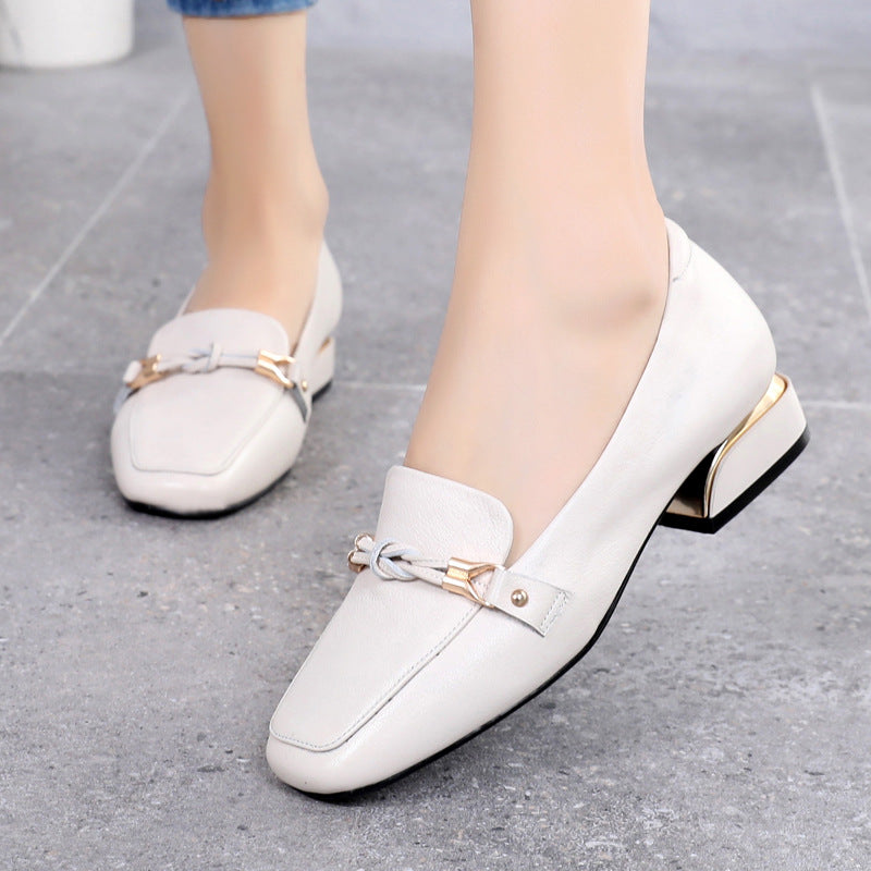Women's Leather Loafers - Vintage Square Toe Dress Shoes, Comfort Block Heel Pumps