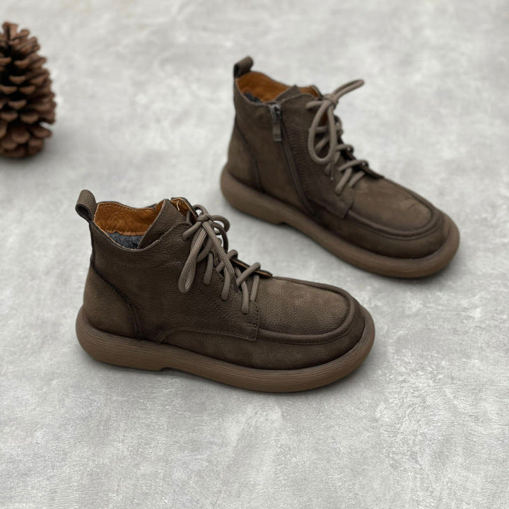 Women's Vintage Leather Lace-Up Zipper Ankle Boots – Flat Casual Comfort