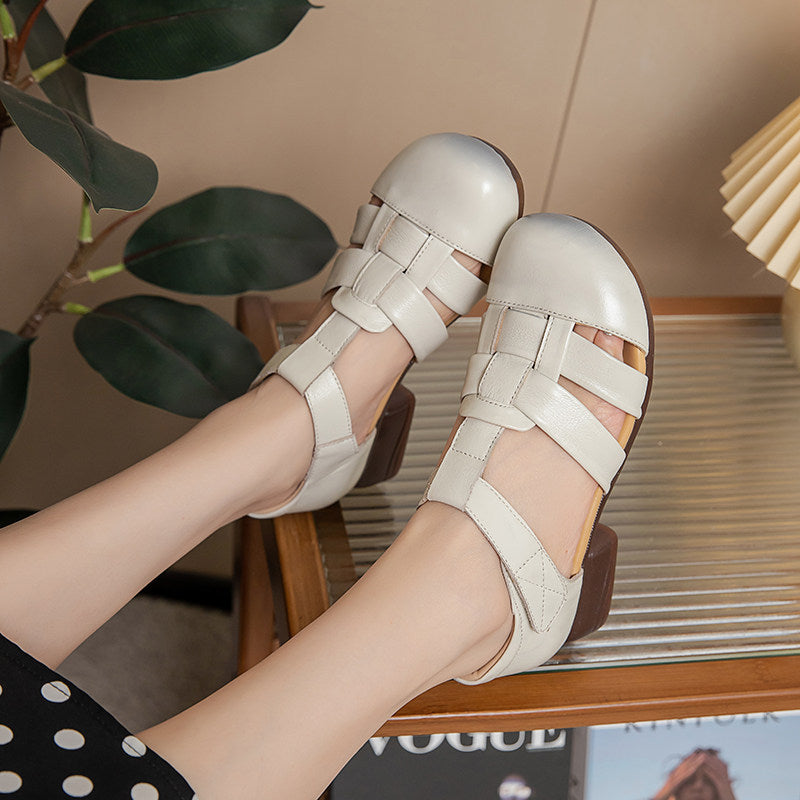 Women's Leather Fisherman Sandals - Retro Hollow Out Summer Mary Janes, Velcro Round Toe Block Heel Shoes