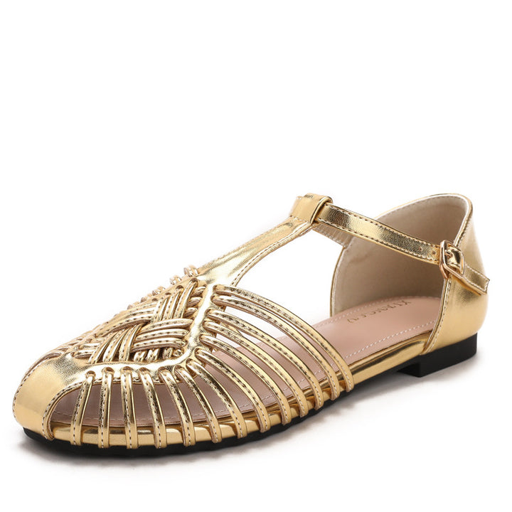 Women's Retro Gladiator Sandals T-Strap Woven Mary Jane Summer Lightweight Flats
