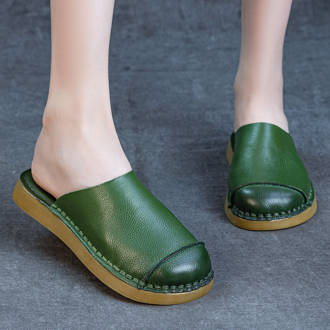Women's Retro Leather Mule Slippers Vintage Closed Toe Slip-on Platform Slides