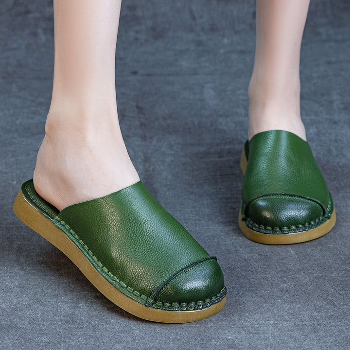 Women's Retro Leather Mule Slippers Vintage Closed Toe Slip-on Platform Slides
