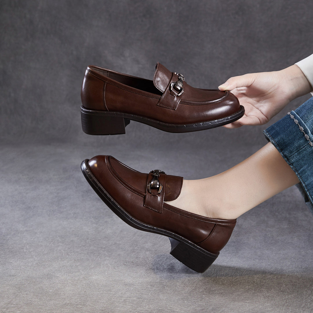Women's Genuine Leather Casual Shoes Spring Fall Dress Buckle Slip-on Loafers