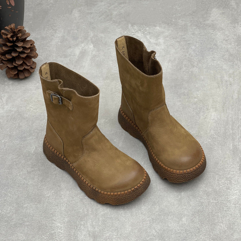 Women's Vintage Leather Mid-Calf Slip On Platform Booties Round Toe Chunky Sole Walking Shoes