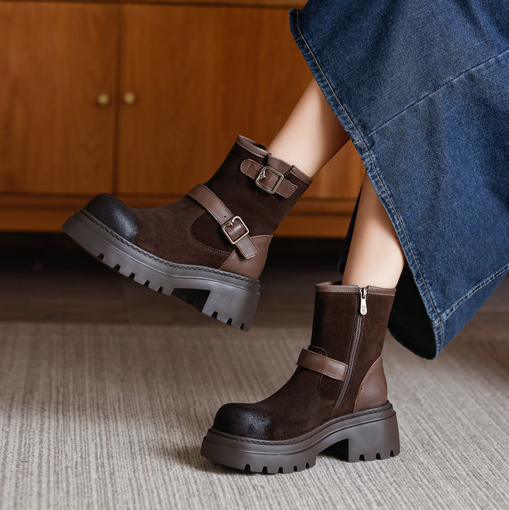 Women's Buckle Strap Cowhide Ankle Boots Chunky Platform Mid Heel Motorcycle Boots