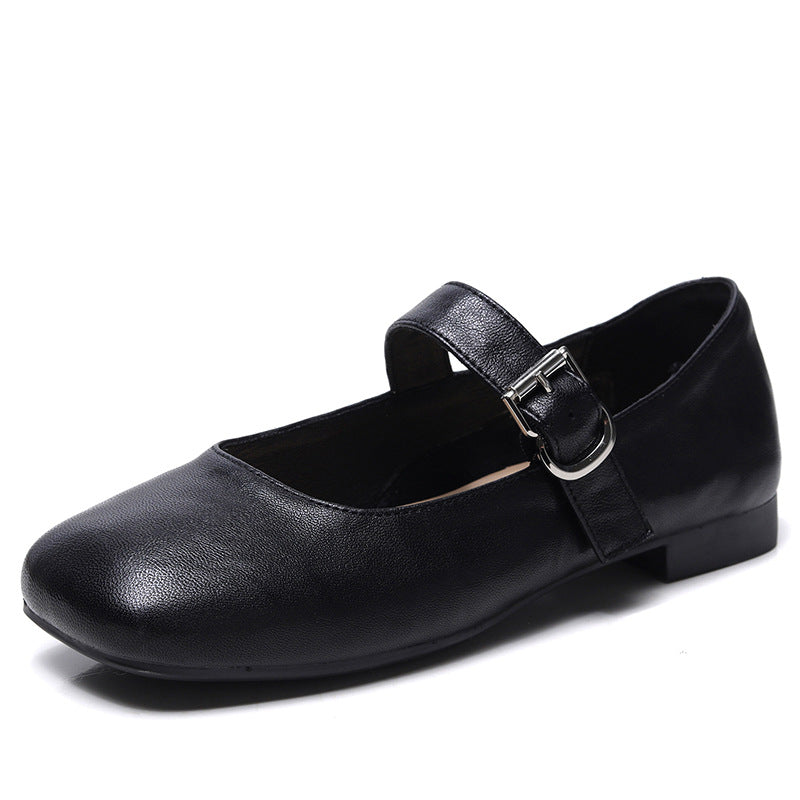 Women‘s Retro Leather Mary Jane Flats Vintage Square Toe Casual Ballet Shoes