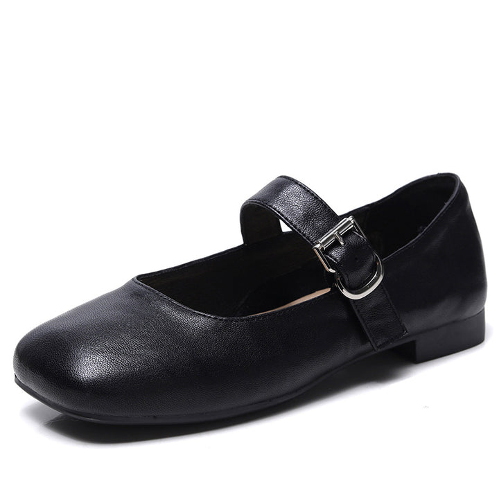 Women‘s Retro Leather Mary Jane Flats Vintage Square Toe Casual Ballet Shoes
