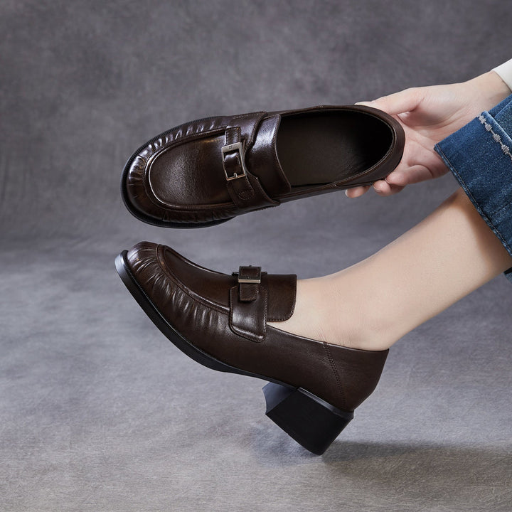 Women’s Sheepskin Leather Loafers – British Style Block Heel Mid Heel Shoes