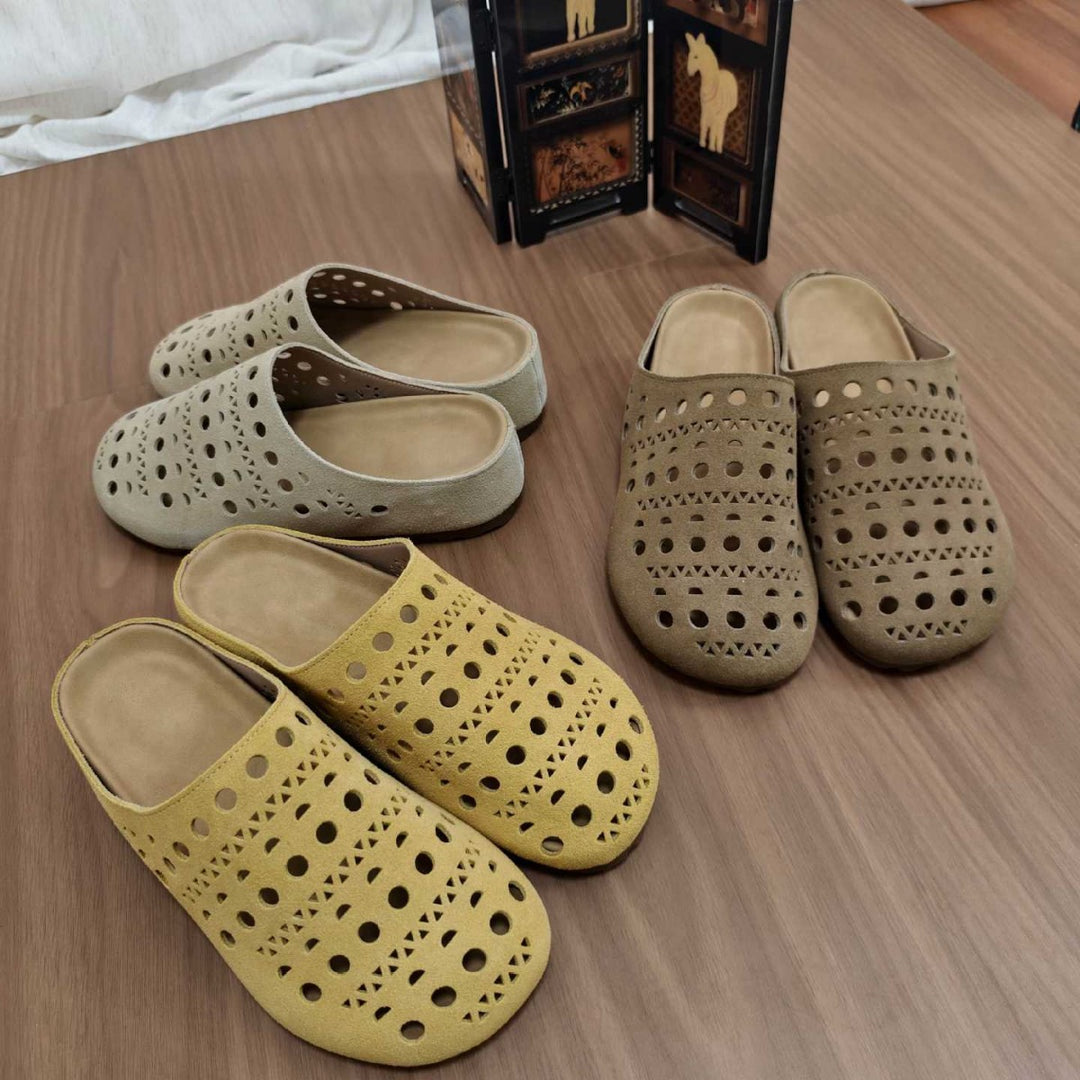Women's Platform Leather Clogs Perforated Hollow-Out Mules Barefoot-Friendly Slippers