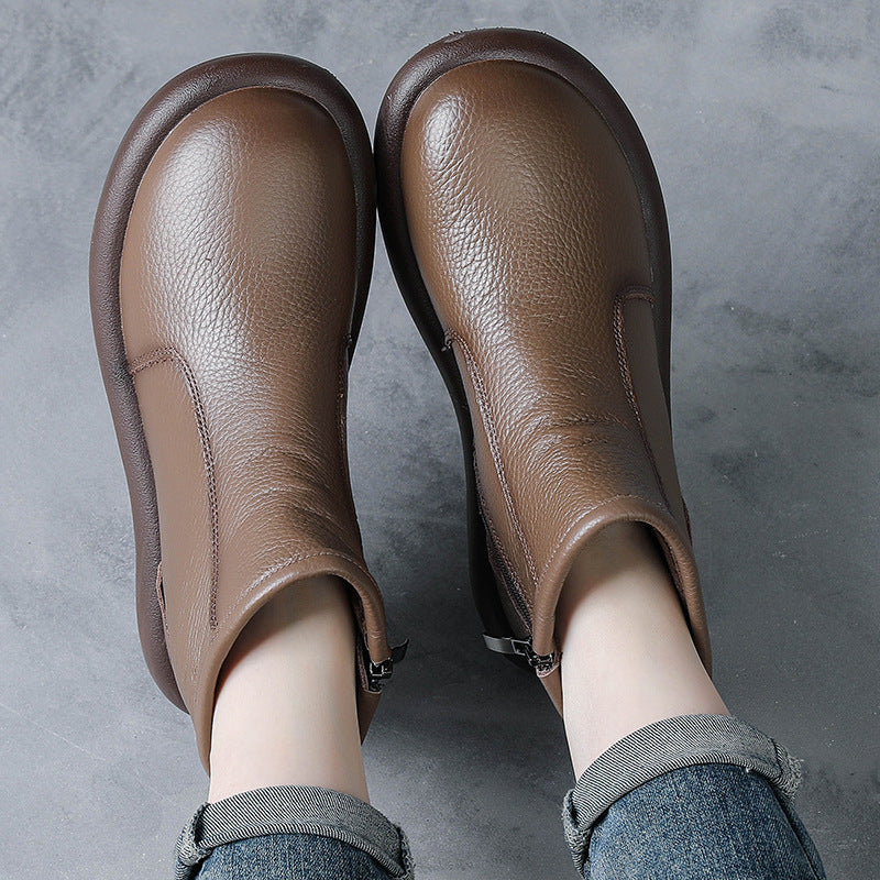 Women’s Leather Round Toe Ankle Boots – Comfortable Low Heel Design