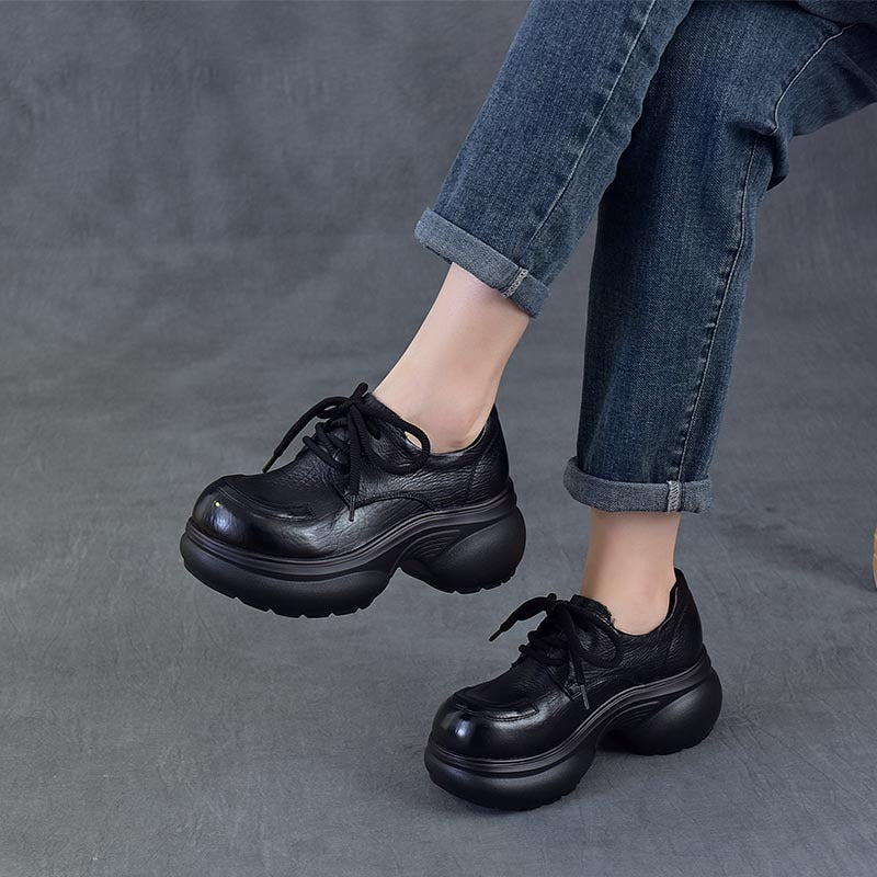 Women's Chunky Platform Oxford Shoes Top-Grain Leather Lace Up Wedge Loafers