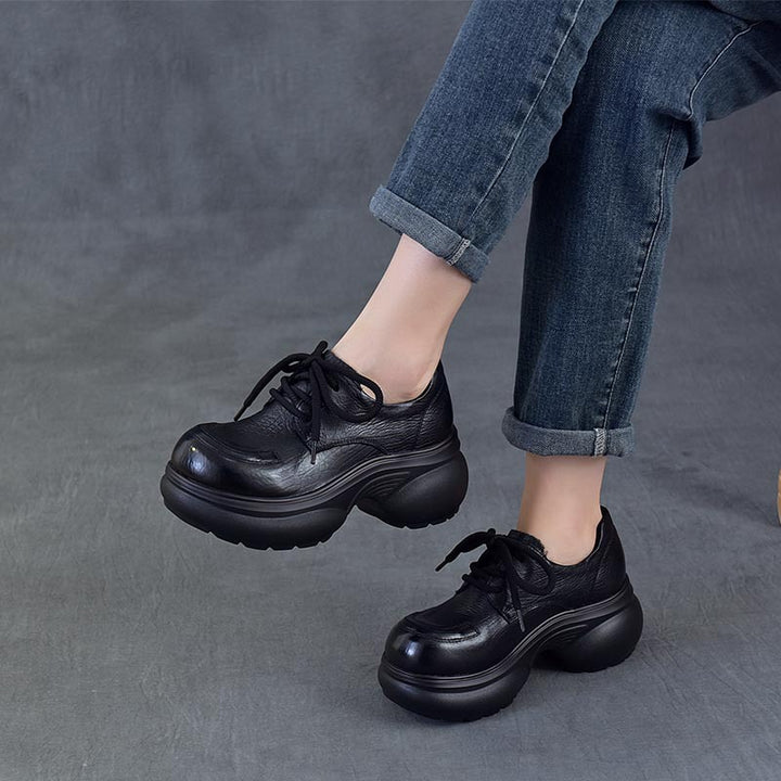 Women's Chunky Platform Oxford Shoes Top-Grain Leather Lace Up Wedge Loafers