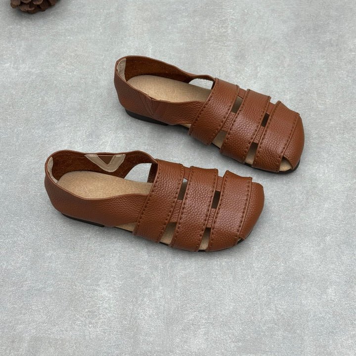 Women's Leather Hollow-Out Fisherman Sandals Casual Summer Retro Square Toe Shoes