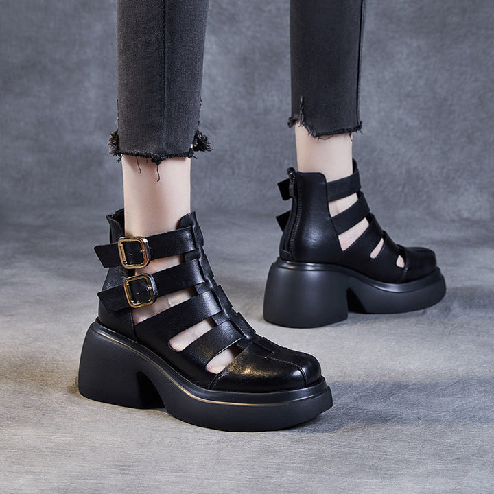 Avant-Garde Burnished Leather Summer Lightweight Sandals for Women - Chunky Platform Cut-out Boots