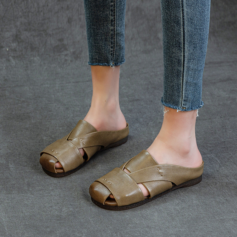 Women's Crisscross Woven Leather Mules Vintage Cutout Platform Slippers Barefoot-Friendly