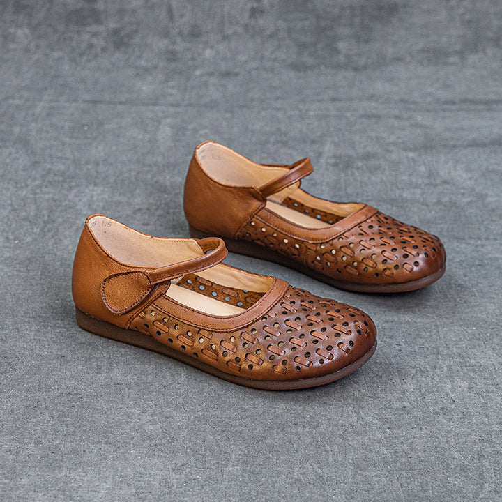 Women's Soft Leather Mary Jane Flats - Hollow Out Geometric Perforated Sandals Closed Toe Comfort Walking Shoes