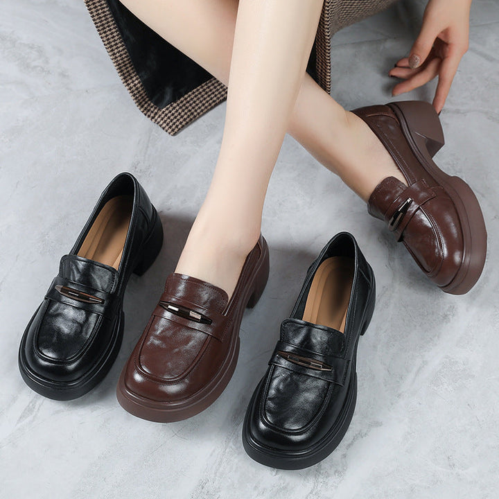 Women's Chunky Cowhide Loafers Platform Slip-On Modern Preppy Style