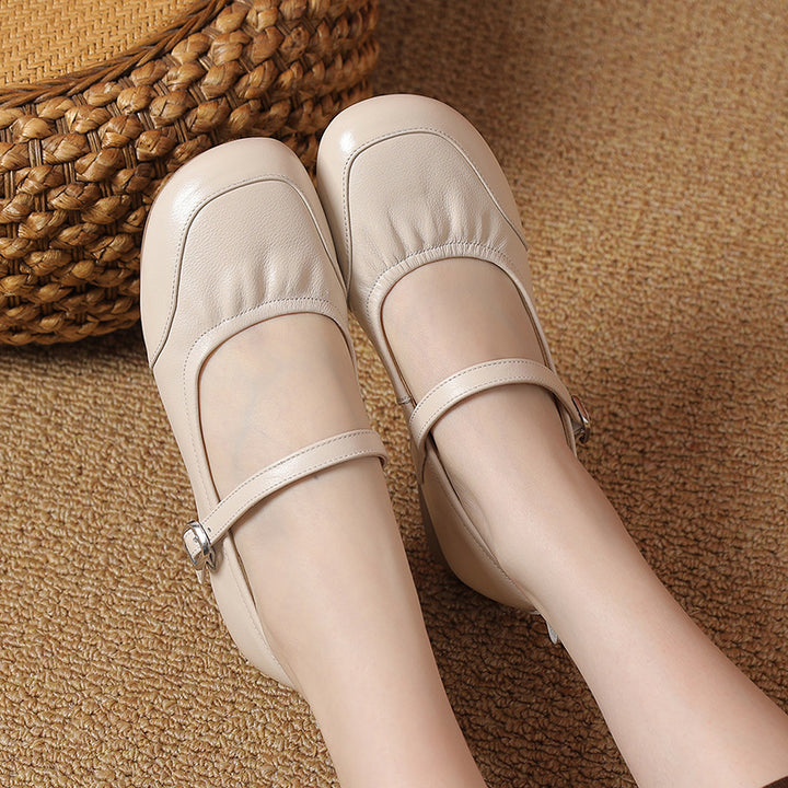 Women's Soft Cowhide Leather Mary Jane Flats Round Toe Buckle Strap Low Heel Shoes