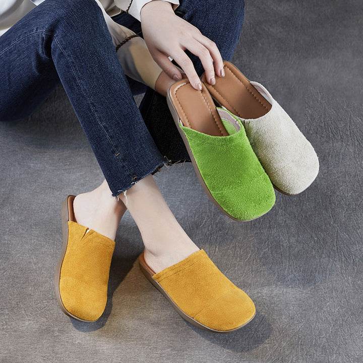 Women's Minimalist Nubuck Mules - Round-Toe Flat with Slip-On Ease