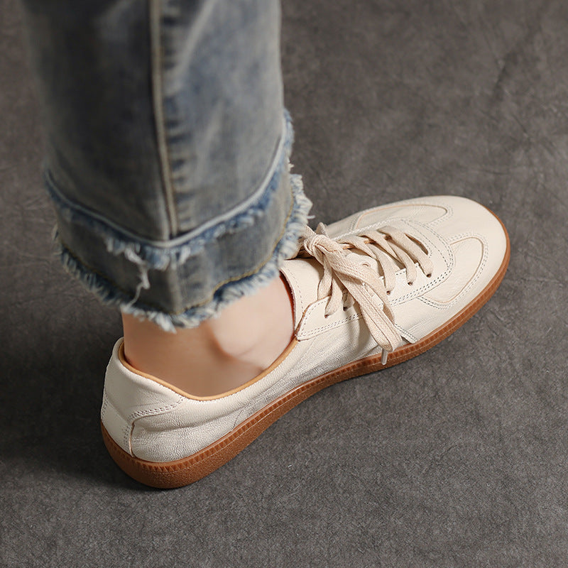 Women's Genuine Leather German Army Trainer Sneakers Retro Low Top Flat Shoes