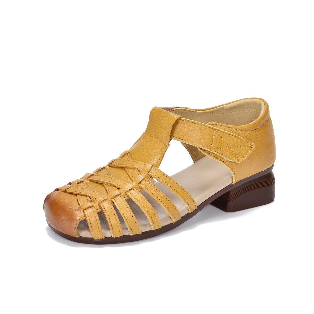 Women's Leather Fisherman Sandals - Closed Toe Woven Strappy Gladiator Sandals Low Block Heel