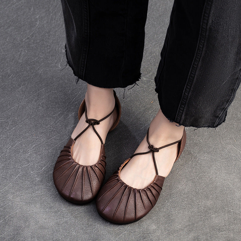 Women's Pleated Cowhide Flats - Summer Breathable Mary Janes - Elastic Cross-Strap
