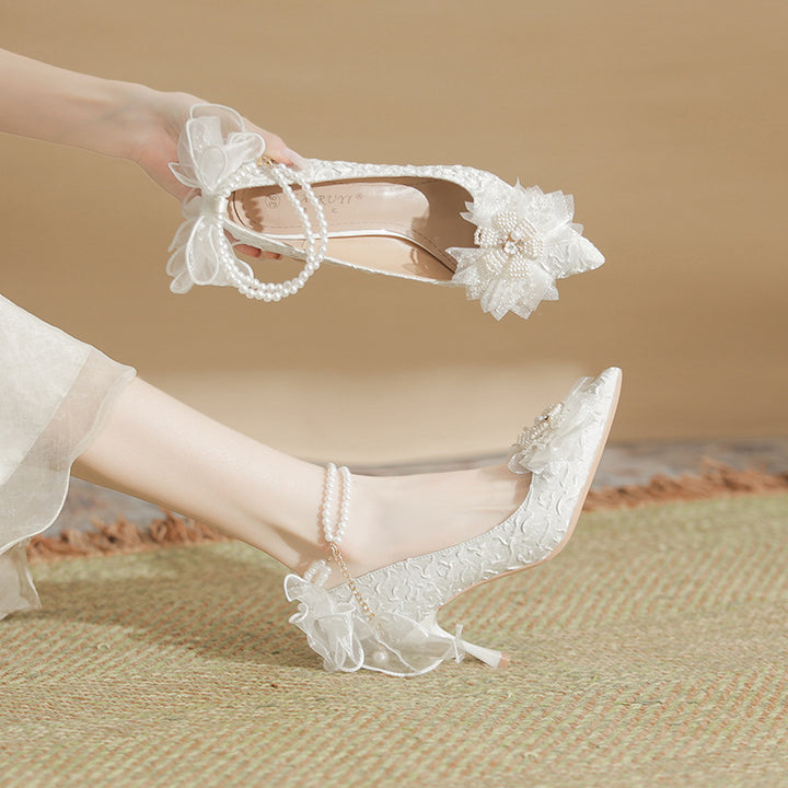 Lace Bow White High Heels Pearl Chain Wedding Party Women's Shoes