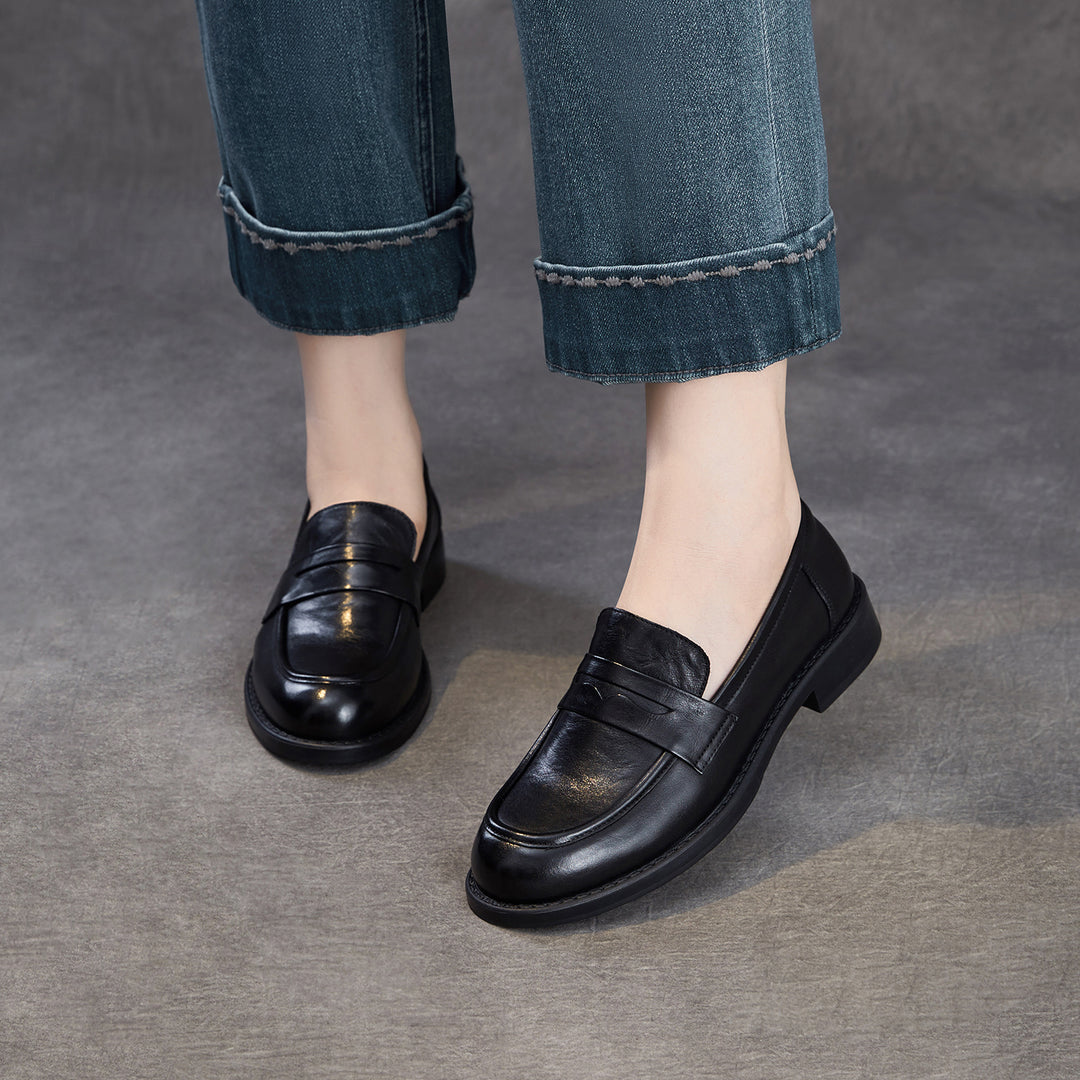 Women's Genuine Leather Penny Loafers Vintage Slip-on Round Toe Low Heel Shoes