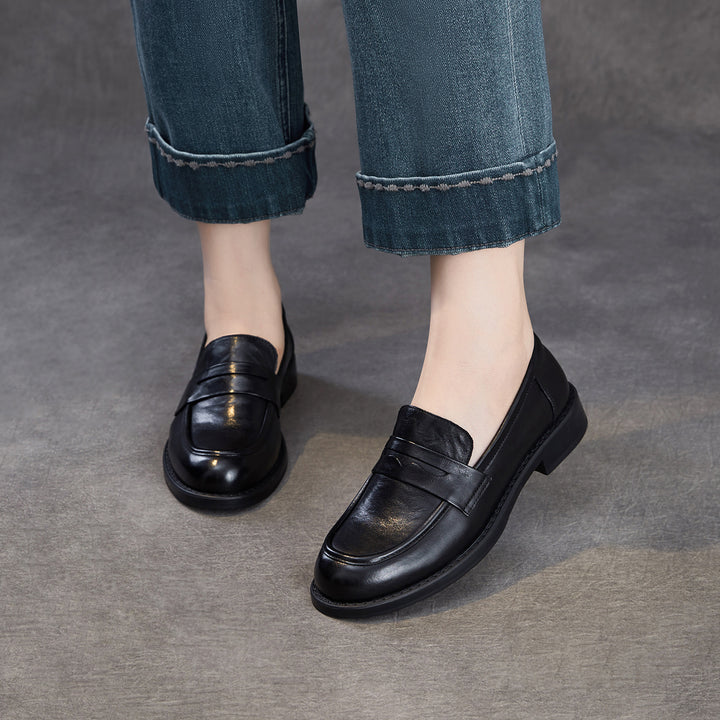 Women's Genuine Leather Penny Loafers Vintage Slip-on Round Toe Low Heel Shoes