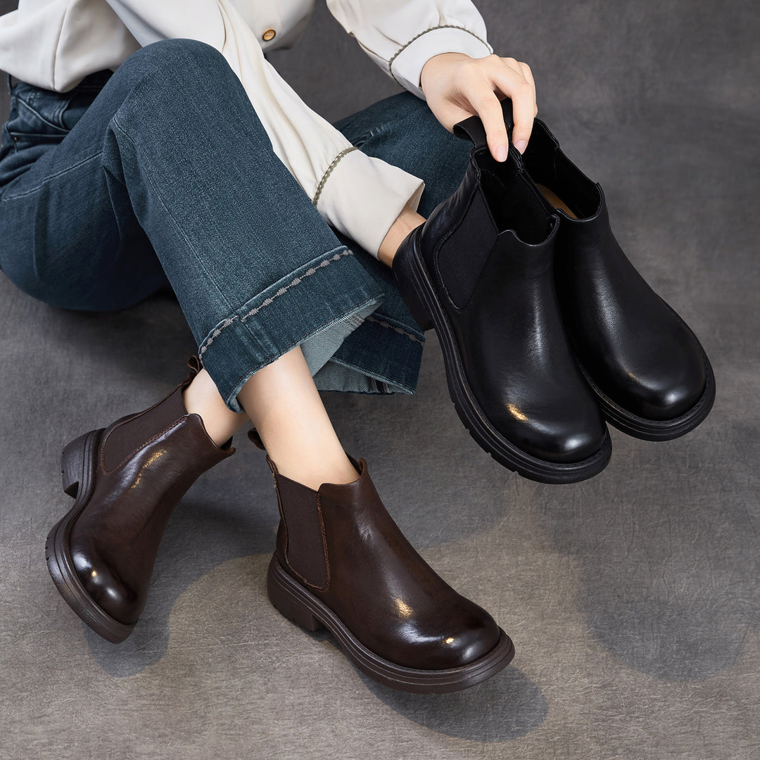 Women's Genuine Leather Chelsea Ankle Boots Vintage Slip-on Low Heel Winter Shoes