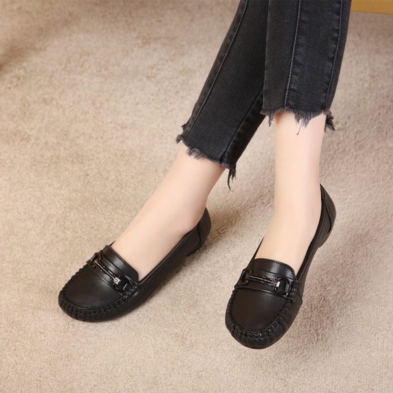 Women's Casual Leather Low Heel - Breathable Microfiber Lined Loafers