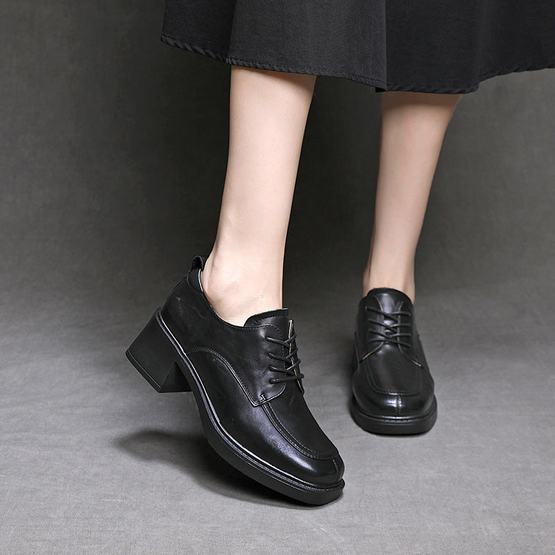 Women's Genuine Leather Oxford Shoes Chunky Mid Heel Lace Up Derby Pumps
