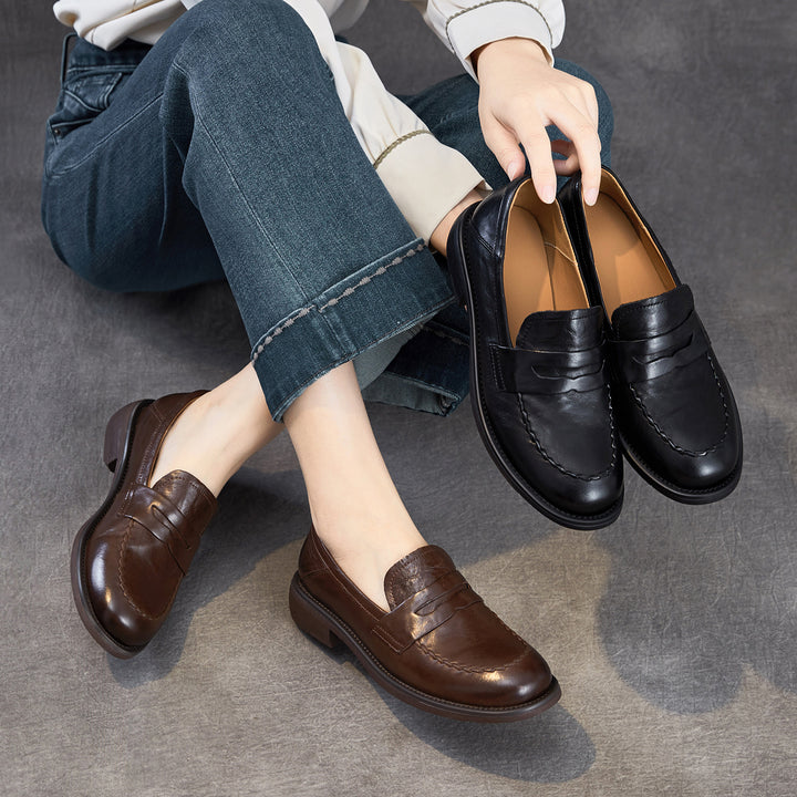 Women's Genuine Leather Penny Loafers Vintage Slip-on Round Toe Low Heel Shoes