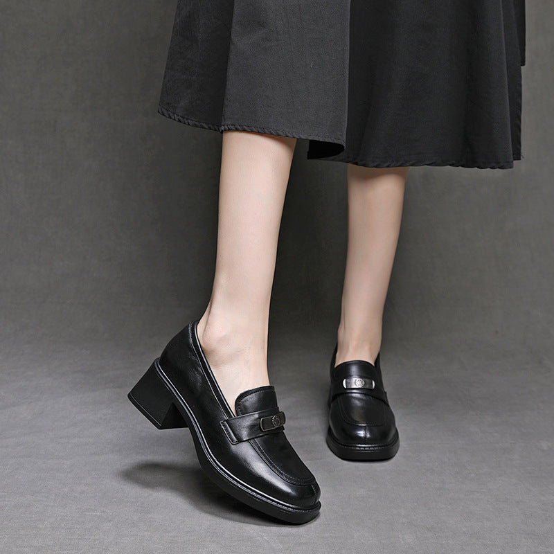 Women's Genuine Leather Heeled Loafers Chunky Block Heel Slip On Pumps