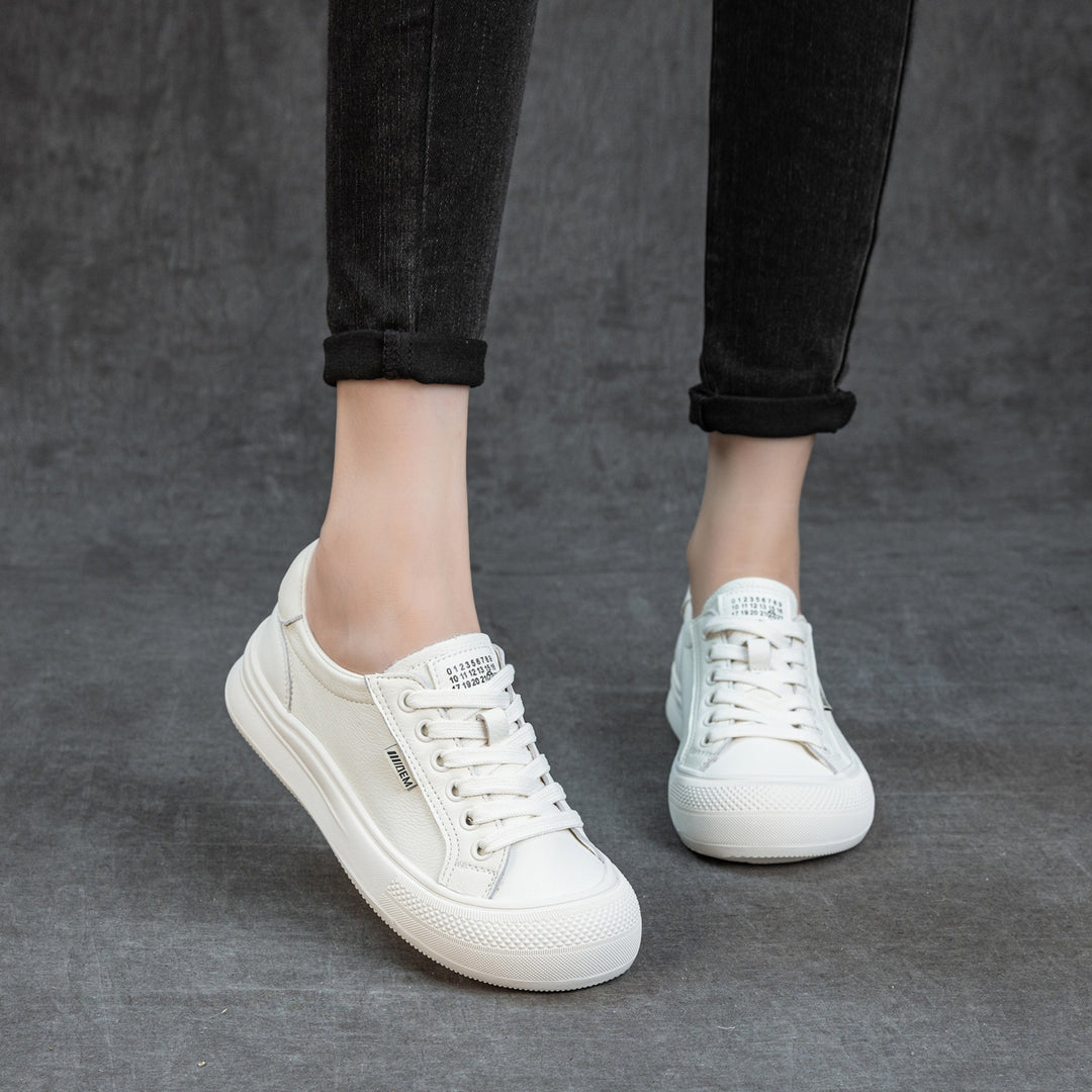 Women's Leather Low Top Sneakers Round Toe Lace Up Platform Canvas Style Shoes