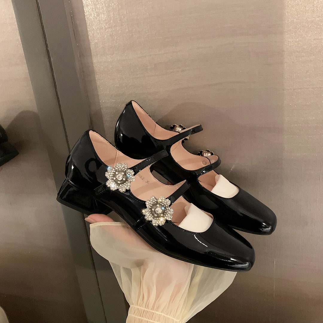 Women's Patent Leather Rhinestone Flower Buckle Mary Janes Shoes