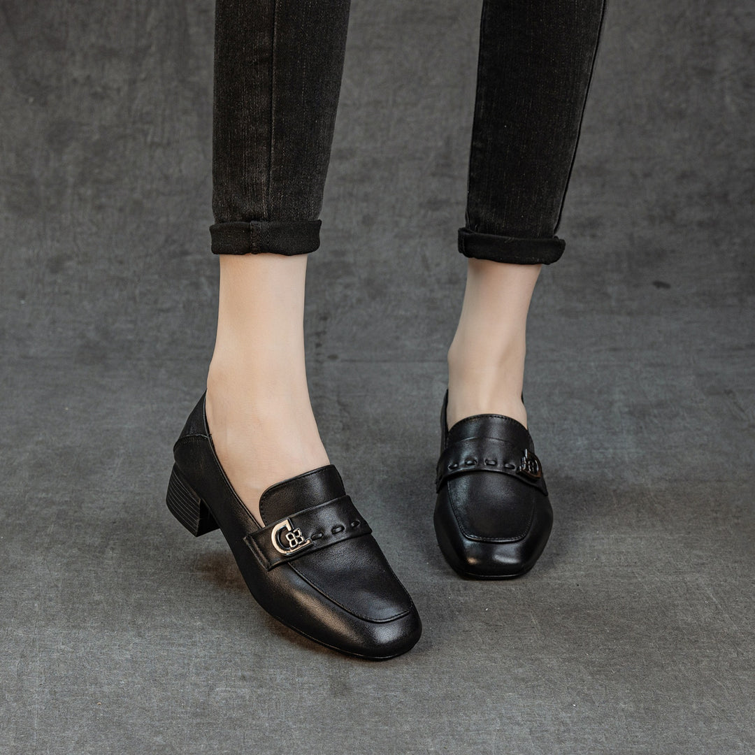 Women's Cowhide Leather Square Toe Pumps Vintage Mid Heel Loafers Microfiber Lining